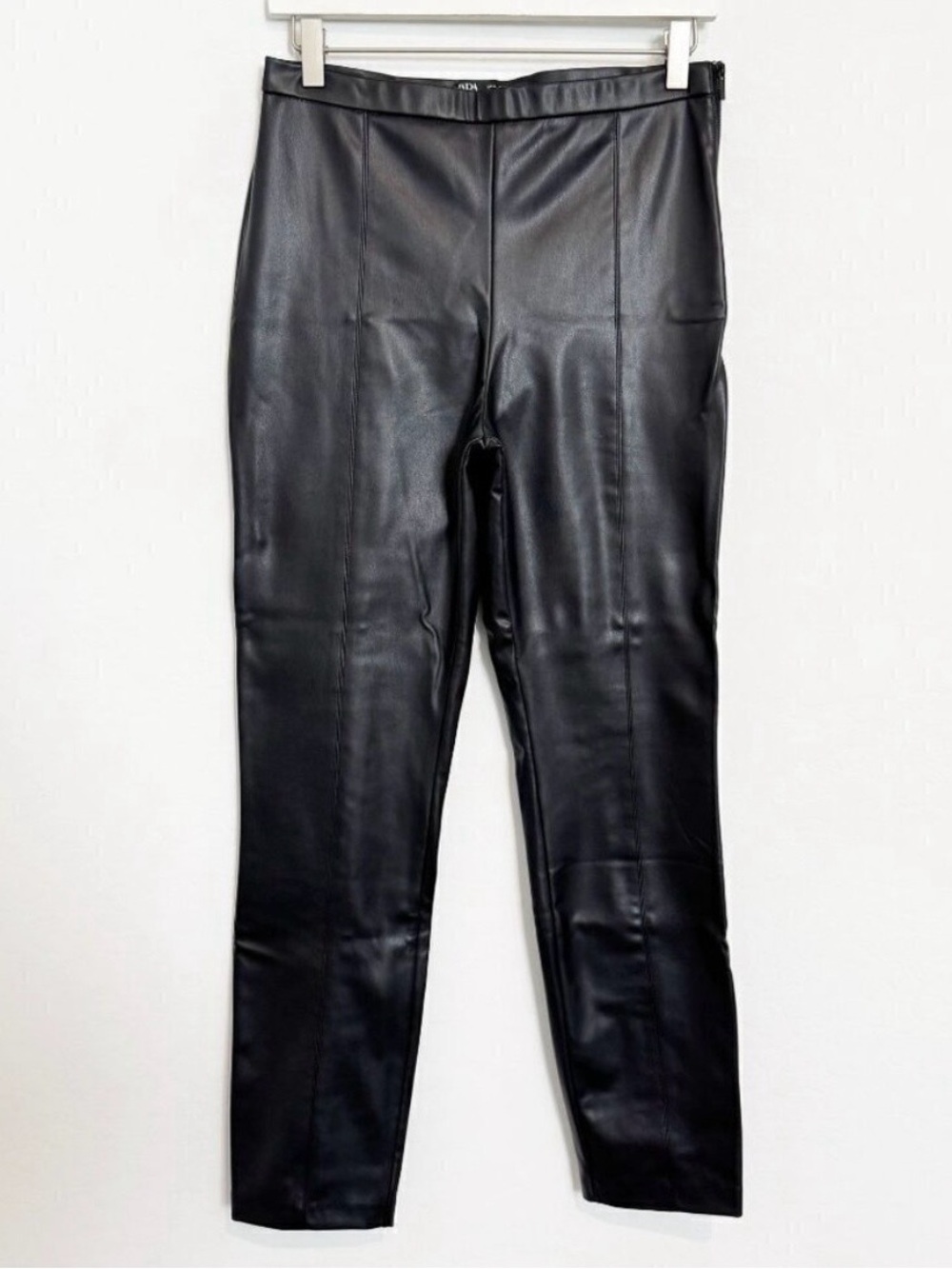 Zara Pants Size Large Black Faux Leather Split‎ Back Hem Pull On Mob Wife Glam